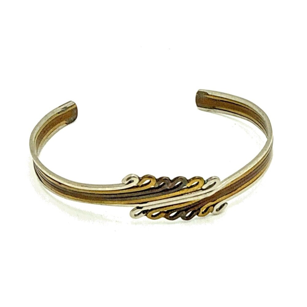 Vintage Tri Color Copper Brass Silver Tone Cuff Bracelet 7.5"